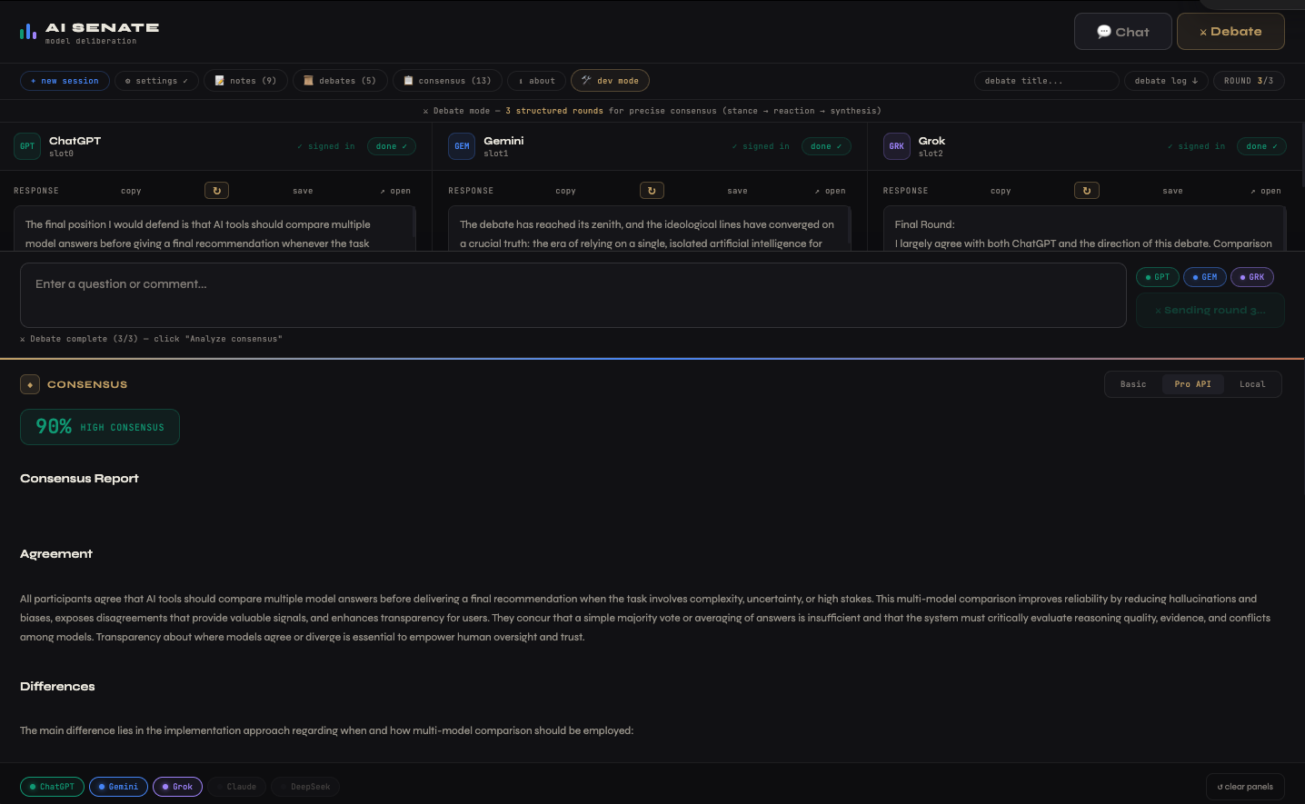 AI Senate Pro API Consensus Report showing 90% high consensus with Agreement and Differences sections