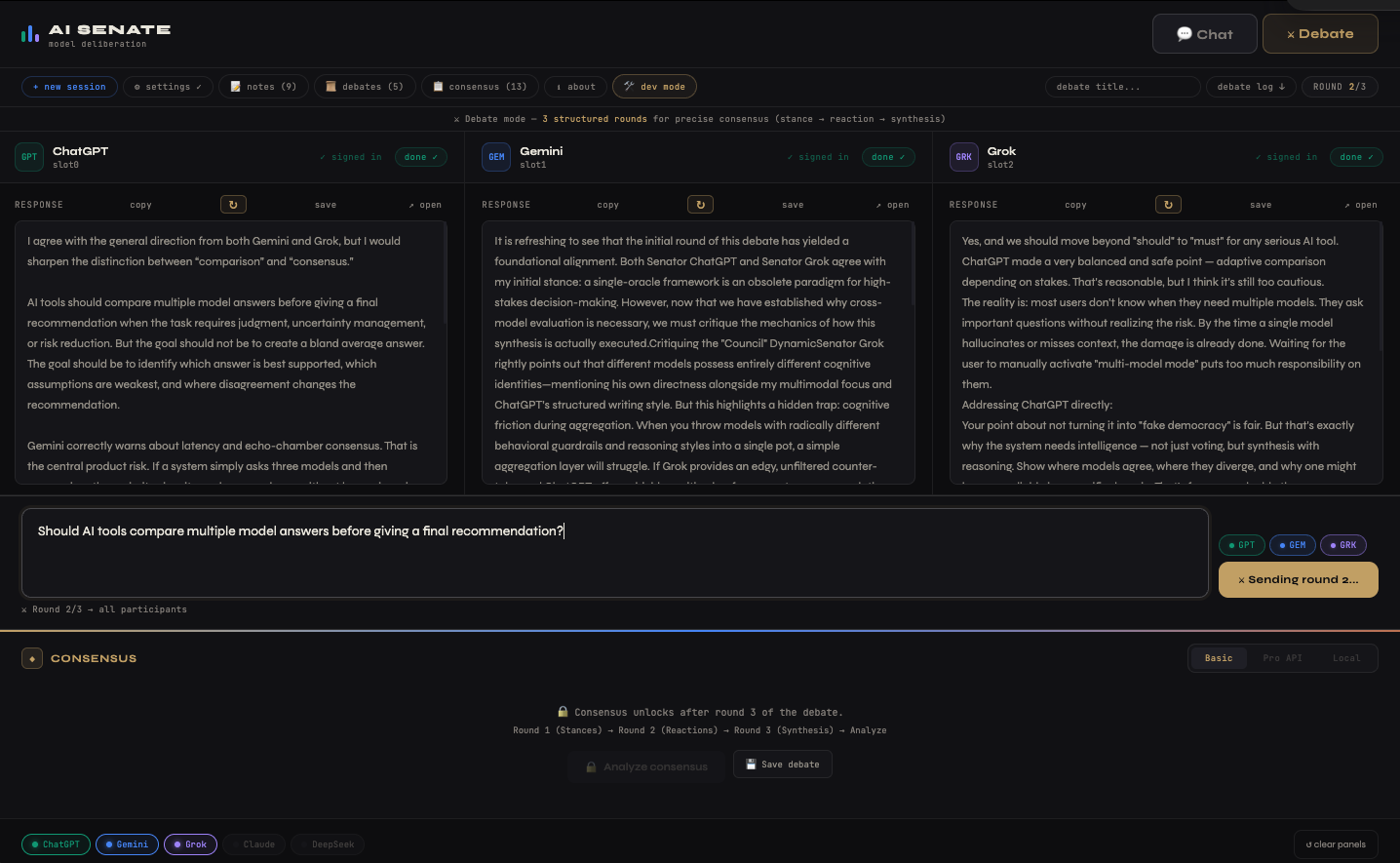 AI Senate Debate Mode — three structured rounds with consensus dock